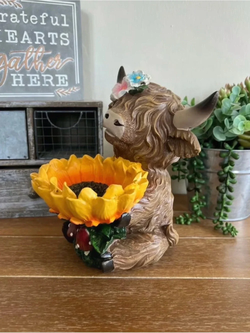 New Decorative Highland Cow Holding A Sunflower